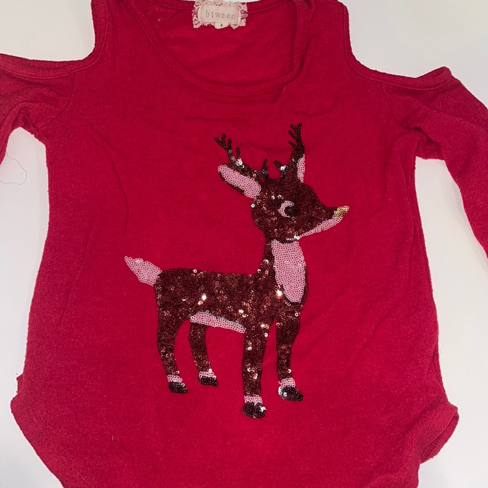 Sparkly rain deer shirt sweater shoulders out